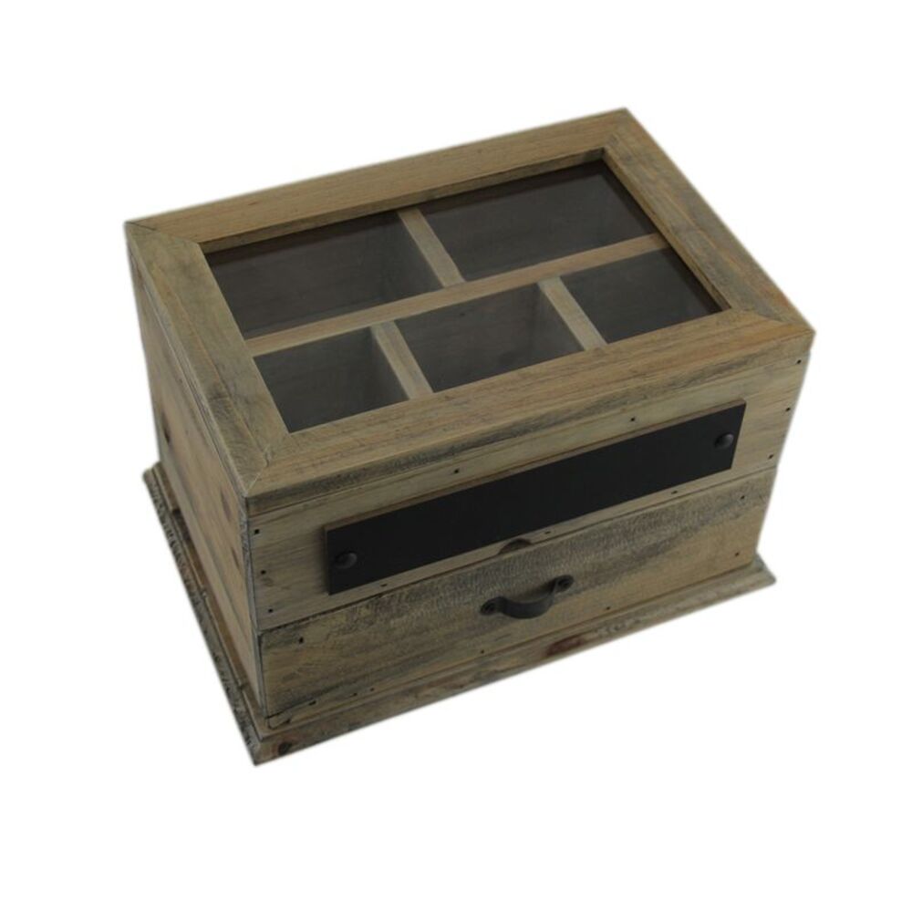 Scratch & Dent Vintage Wood Organizer Storage Box w/Hinged Glass Lid